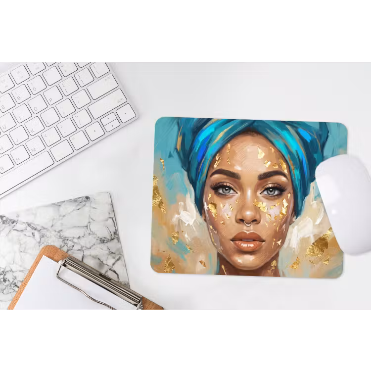 Portret - Vrouw - Schilderij - Blauw - Goud - Expressief muismat rubber klein -witbureau