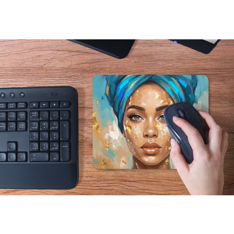 Portret - Vrouw - Schilderij - Blauw - Goud - Expressief muismat rubber klein -toetsenbord
