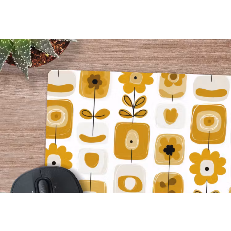 Retro - Abstract - Bloemen - Okergeel muismat rubber klein 262 -closeup