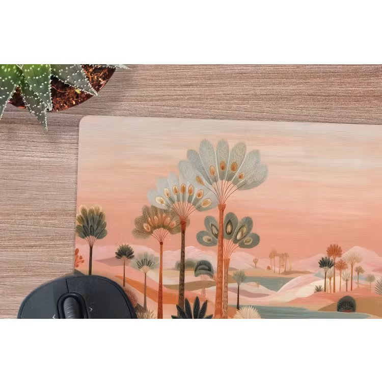 Roze landschap - Palmen - Water muismat rubber klein -closeup
