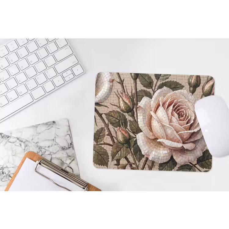 Roos - Mozaïek - Bloemen - Klassiek - Beige muismat rubber klein -witbureau