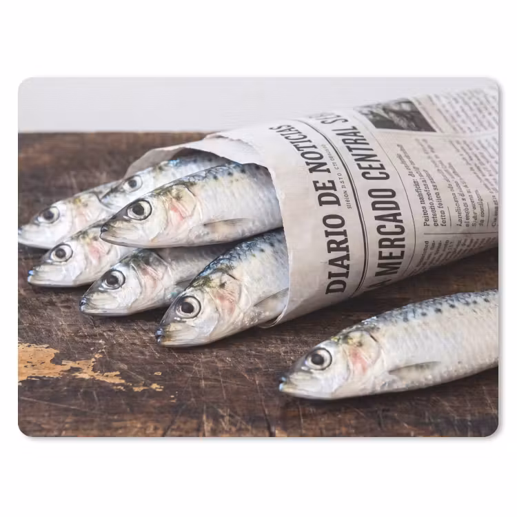 Mauspad - Sardine – Zeitung – Schneidebrett - Sardientje - krant - snijplank muismat rubber klein