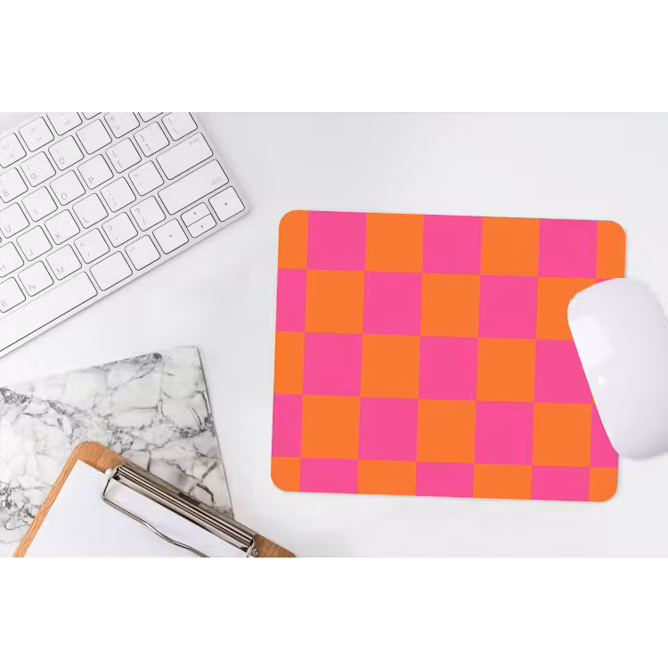 Schaakbord print - Oranje - Roze - Blokjes muismat rubber klein -witbureau
