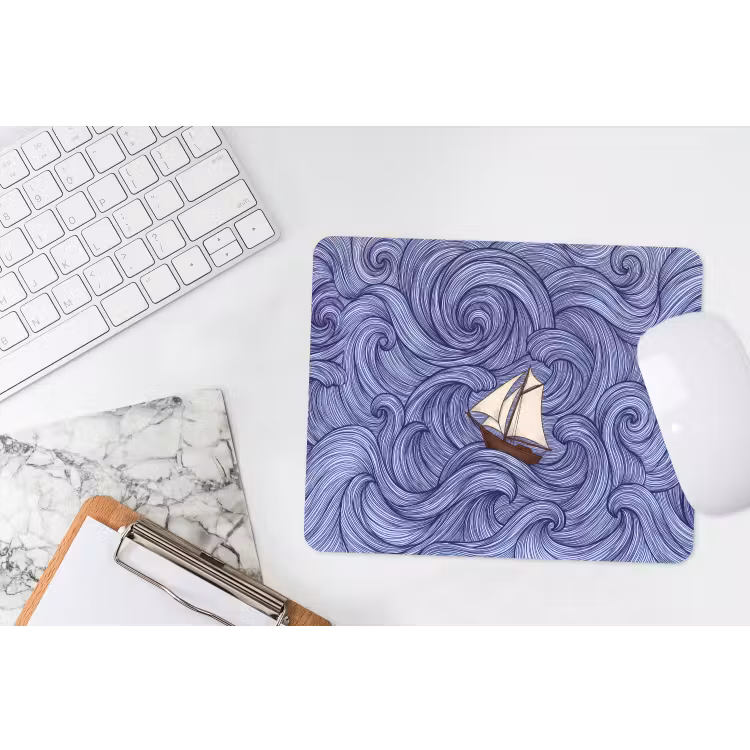 Schip - Golven - Zee - Illustratie - Blauw muismat rubber klein -witbureau