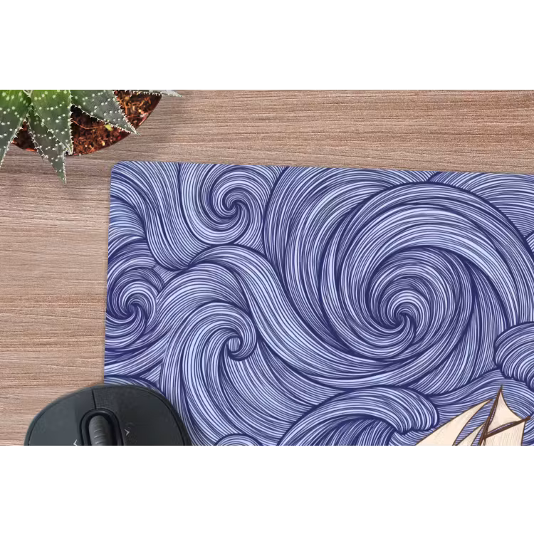 Schip - Golven - Zee - Illustratie - Blauw muismat rubber klein -closeup