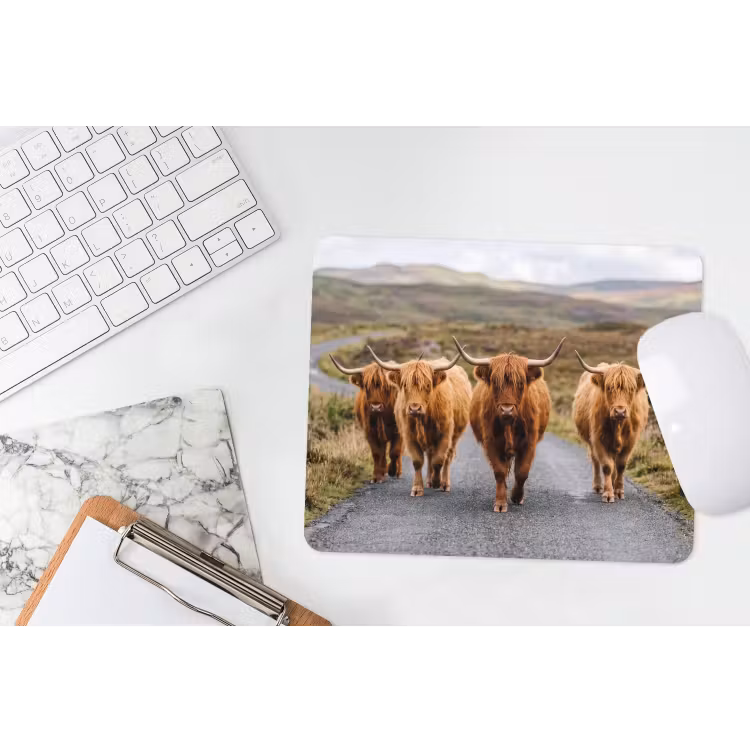 Schotse Hooglanders - Weg - Landschap - Kudde muismat rubber klein -witbureau