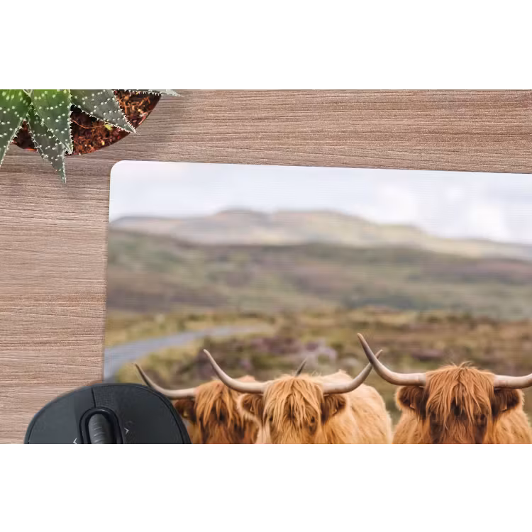Schotse Hooglanders - Weg - Landschap - Kudde muismat rubber klein -closeup