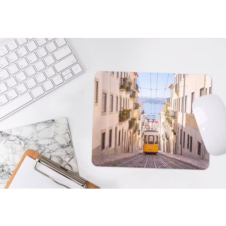 Tram - Straat - Stad - Architectuur - Geel muismat rubber klein -witbureau