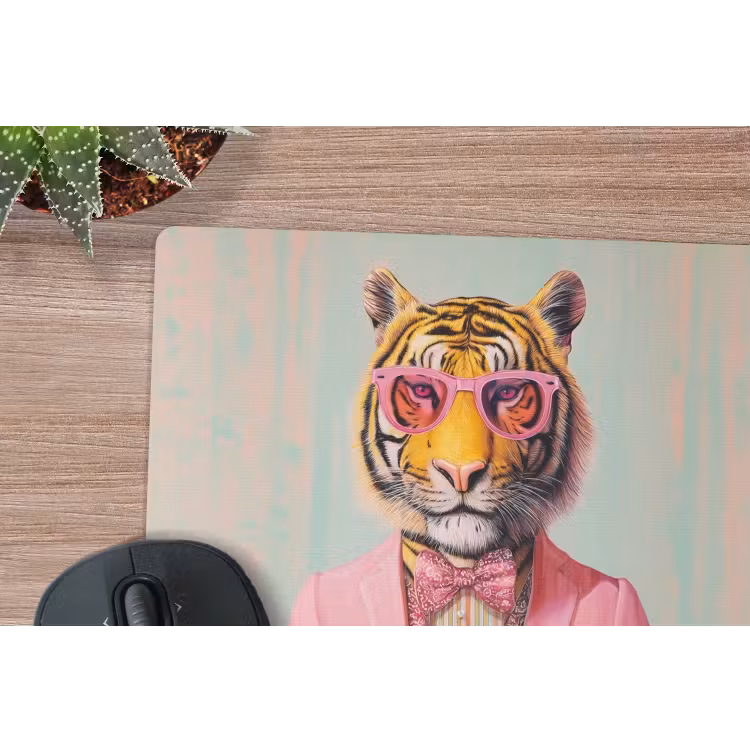 Tijger - Strik - Jasje - Roze muismat rubber klein -closeup