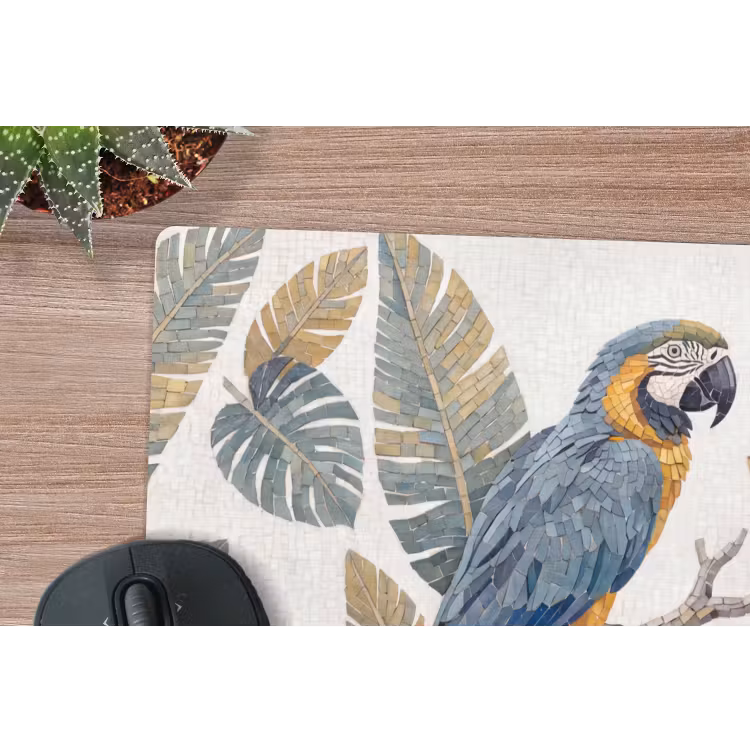 Vogel - Tak - Natuur - Mozaïek - Blauw muismat rubber klein -closeup