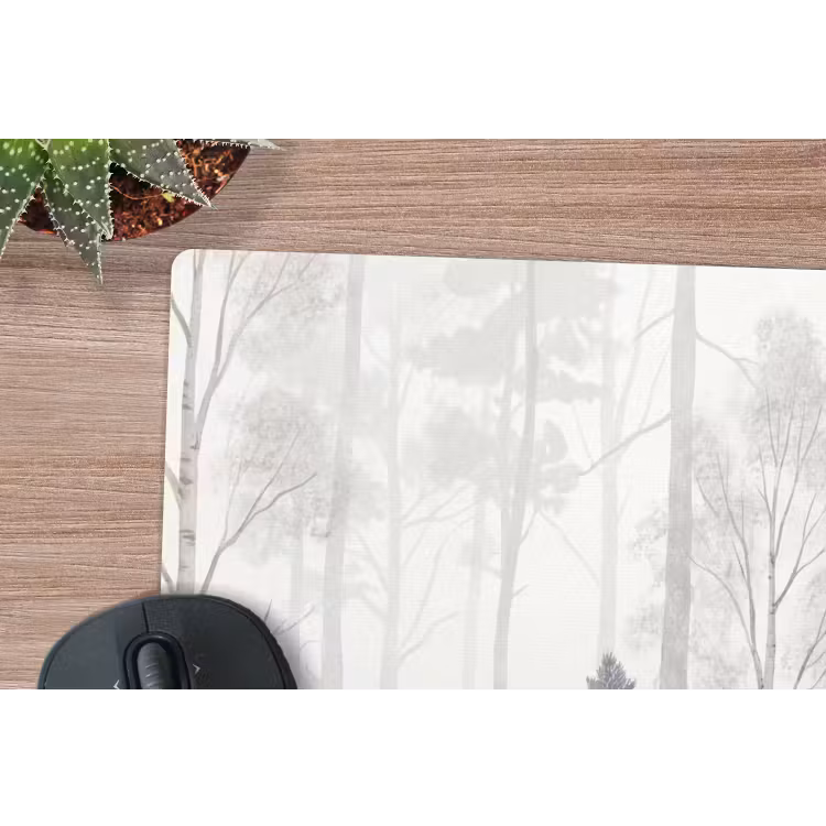 Bos - Bomen - Mist - Natuur - Illustratie - Grijs muismat rubber klein -closeup