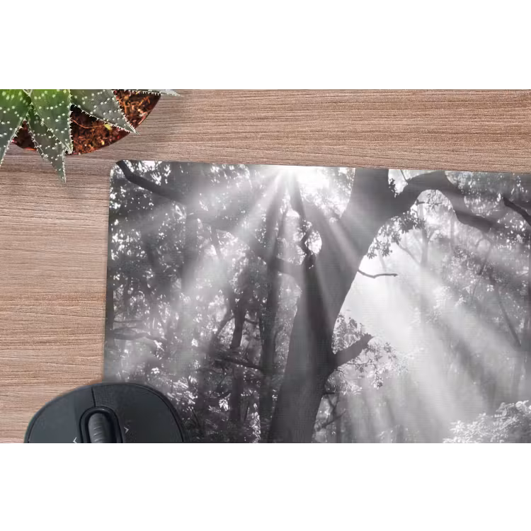 Bos - Lichtstralen - Natuur - Zwart-wit muismat rubber klein -closeup