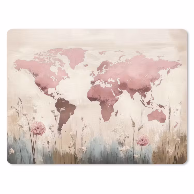 Wereldkaart - Roze - Bloemen muismat rubber klein -3d