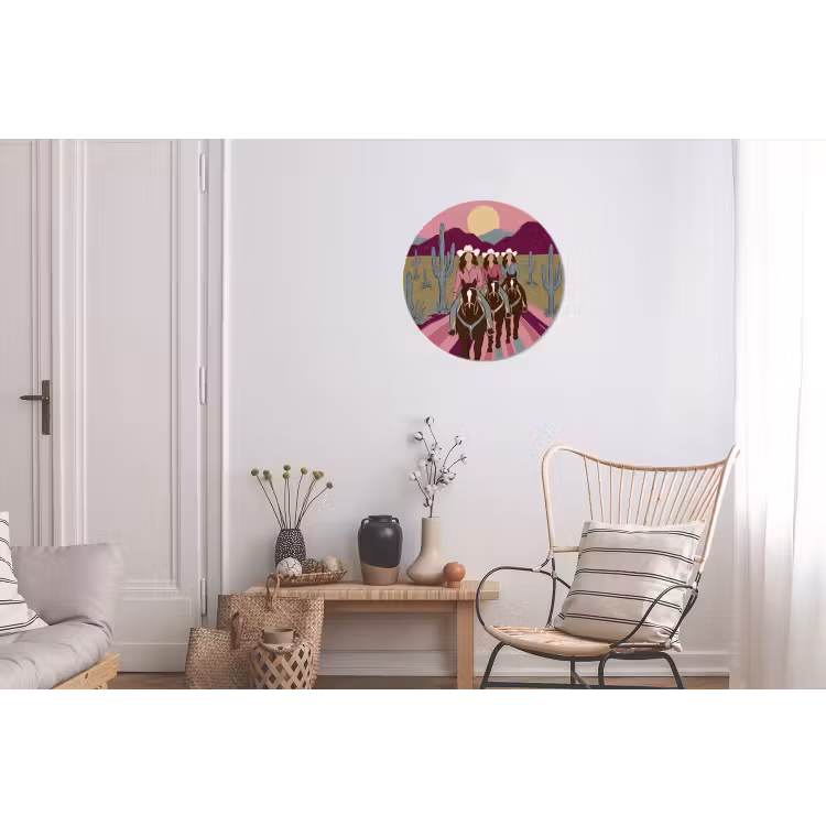 Mensen - Paard - Woestijn - Abstract - Roze Wandcirkel aluminium klein -woonkamer