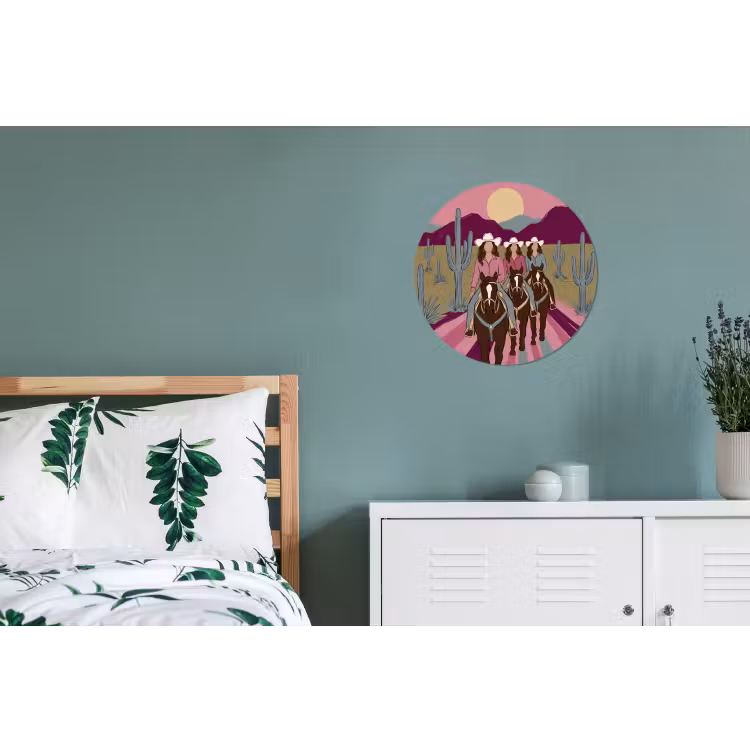 Mensen - Paard - Woestijn - Abstract - Roze Wandcirkel aluminium klein -slaapkamer