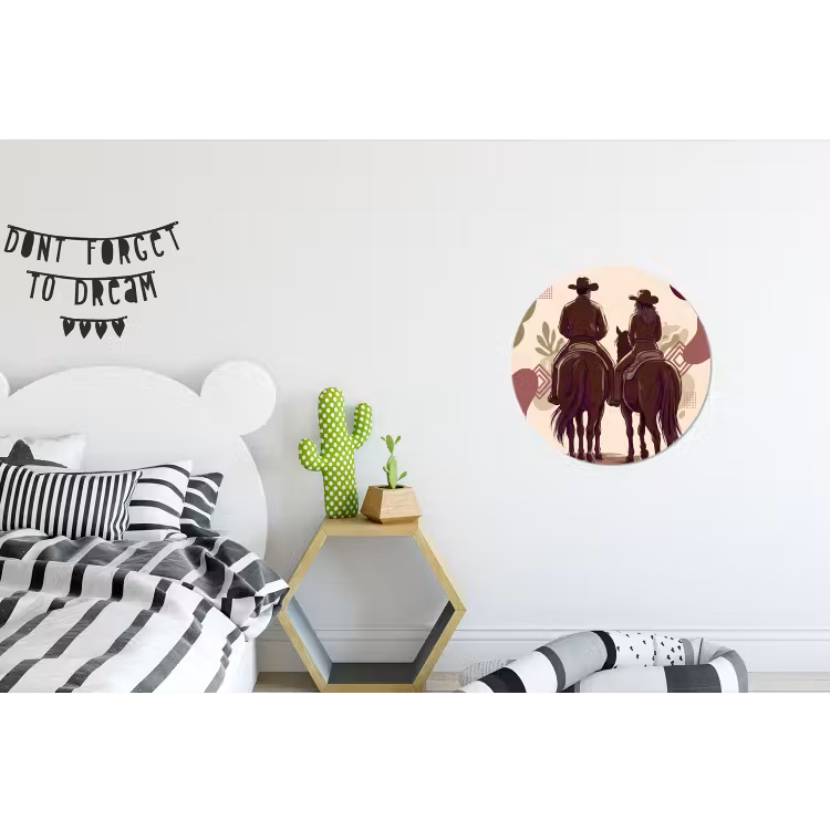 Mensen - Ruiters - Western - Illustratie - Bruin Wandcirkel aluminium klein -kinderkamer