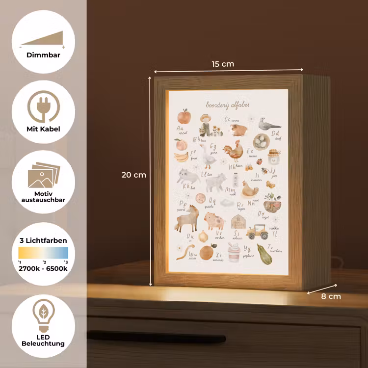 Alfabet - Boerderij - Educatief - Letters leren voor kinderen - Dieren Light Box met kabel (Kinderlampje) klein -USP_websiteoverzichtDE