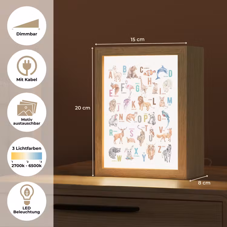 Alfabet - Educatief - Letters leren voor kinderen - Wilde dieren - Kleurrijk Light Box met kabel (Kinderlampje) klein -USP_websiteoverzichtDE