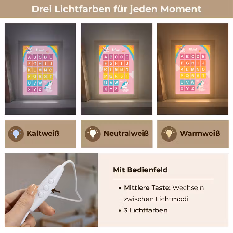 Alfabet - Educatief - Letters leren voor kinderen - Roze - Eenhoorn Light Box met kabel klein -USP_lichtkleurDE
