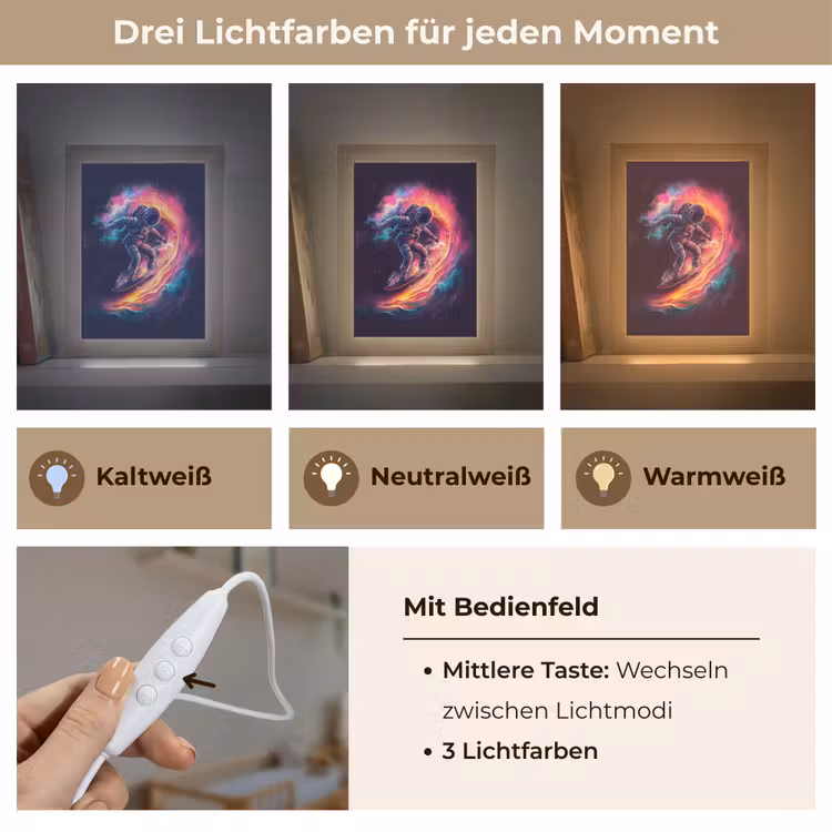 Astronaut - Ruimte - Surfen - Kleurrijk Light Box met kabel klein -USP_lichtkleurDE