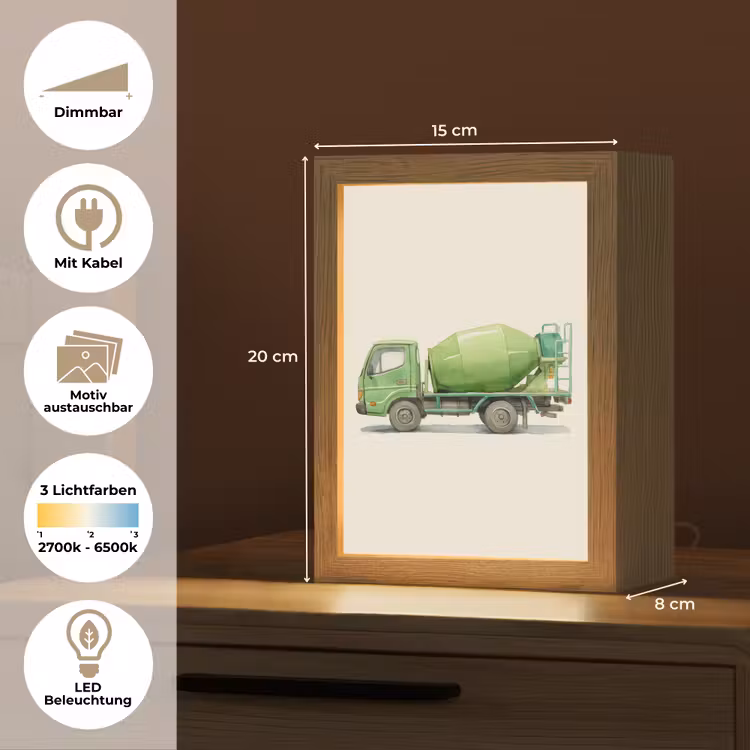 Betonwagen - Illustratie - Groen - Minimalistisch Light Box met kabel (Kinderlampje) klein -USP_websiteoverzichtDE