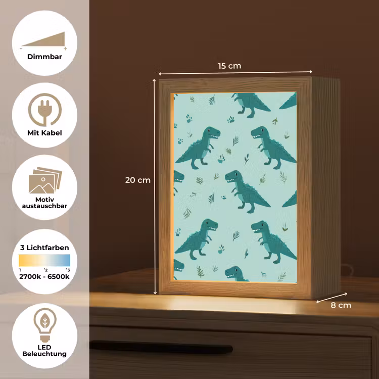 Donkergroen - Dinosaurussen - Afdrukken - Bladeren Light Box met kabel (Kinderlampje) klein -USP_websiteoverzichtDE