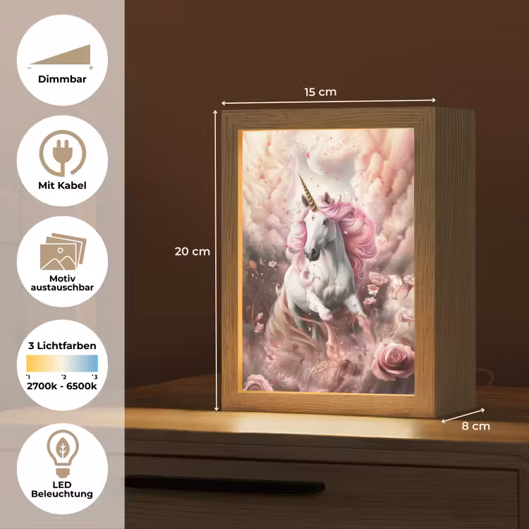 Eenhoorn - Meisje - Roze - Bloemen - Sprookje Light Box met kabel (Kinderlampje) klein -USP_websiteoverzichtDE