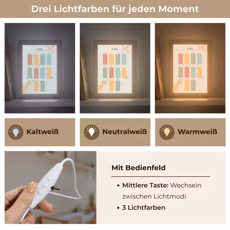Tafels van vermenigvuldiging - Educatief - Leren rekenen voor kinderen - Cijfers oefenen - Dinosaurus Light Box met kabel klein -USP_lichtkleurDE