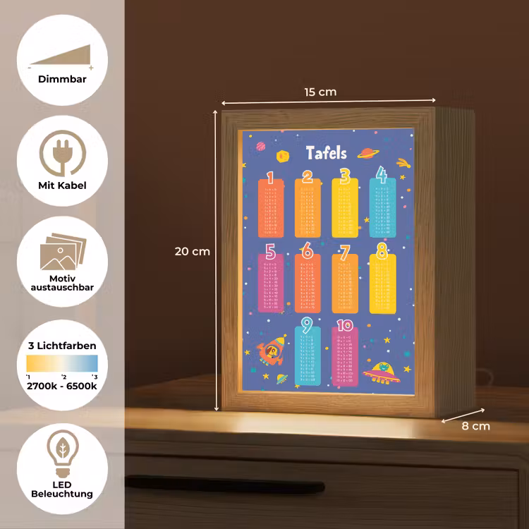 Tafels van vermenigvuldiging - Leren rekenen voor kinderen - Getallen oefenen - Ruimte Light Box met kabel (Kinderlampje) klein -USP_websiteoverzichtDE
