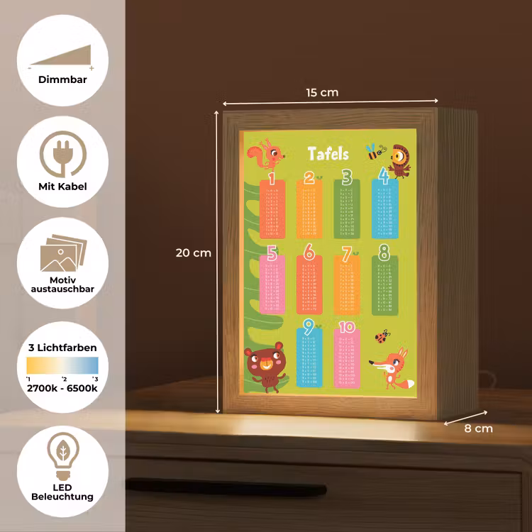 Tafels van vermenigvuldiging - Leren rekenen voor kinderen - Cijfers oefenen - Bosdieren - Groen Light Box met kabel (Kinderlampje) klein -USP_websiteoverzichtDE