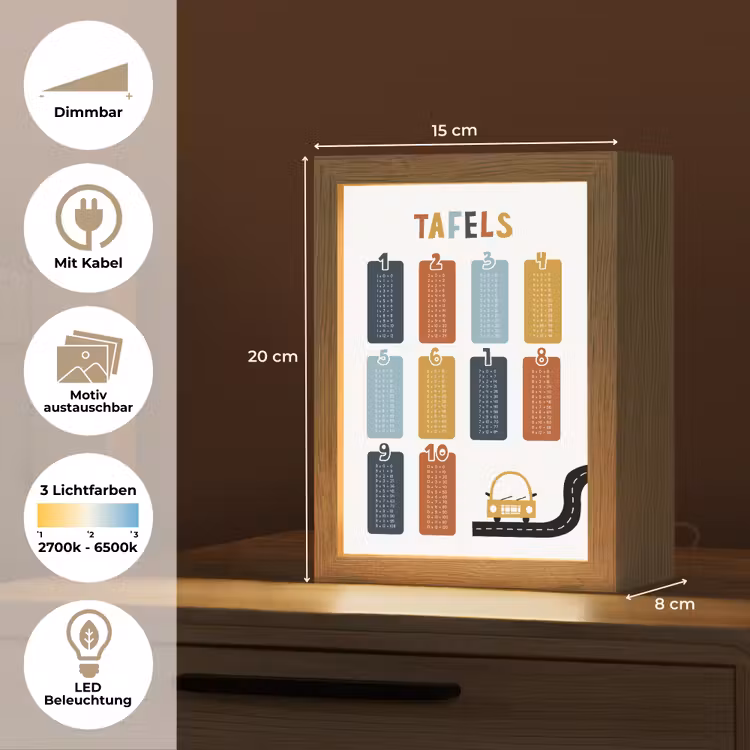 Tafels van vermenigvuldiging - Leren rekenen voor kinderen - Getallen oefenen - Cijfers - Auto Light Box met kabel (Kinderlampje) klein -USP_websiteoverzichtDE
