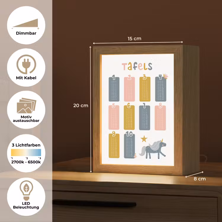 Tafels van vermenigvuldiging - Leren rekenen voor kinderen - Getallen oefenen - Cijfers - Eenhoorn Light Box met kabel (Kinderlampje) klein -USP_websiteoverzichtDE