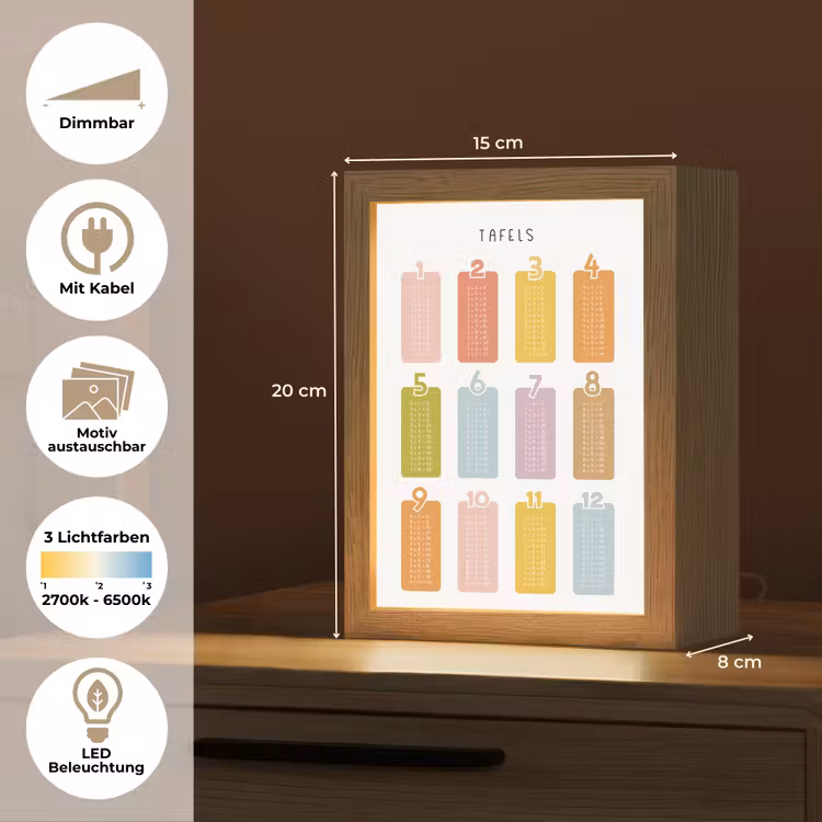 Tafels van vermenigvuldiging - Leren rekenen voor kinderen - Getallen oefenen - Cijfers - Kleuren Light Box met kabel (Kinderlampje) klein -USP_websiteoverzichtDE