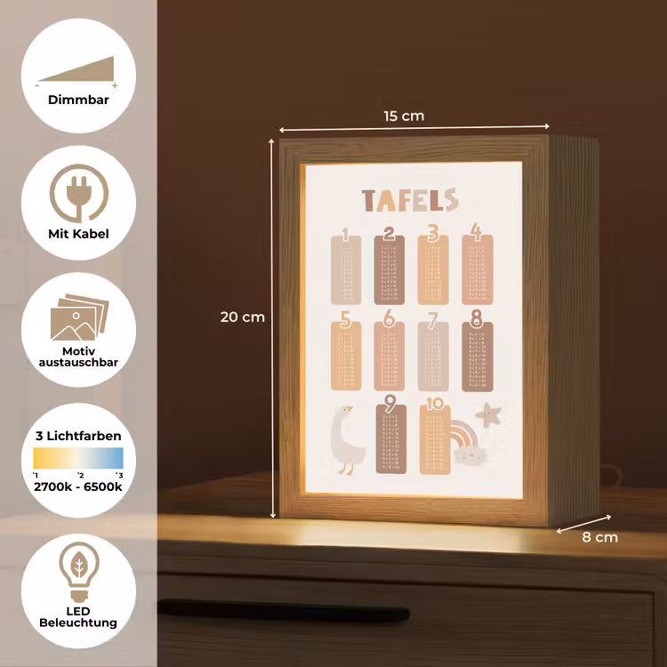 Tafels van vermenigvuldiging - Leren rekenen voor kinderen - Getallen oefenen - Cijfers - Pastel kleuren Light Box met kabel (Kinderlampje) klein -USP_websiteoverzichtDE