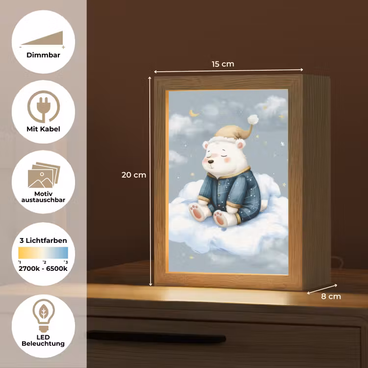 Ijsbeer - Pyjama - Wolken - Sterrenhemel Light Box met kabel (Kinderlampje) klein -USP_websiteoverzichtDE