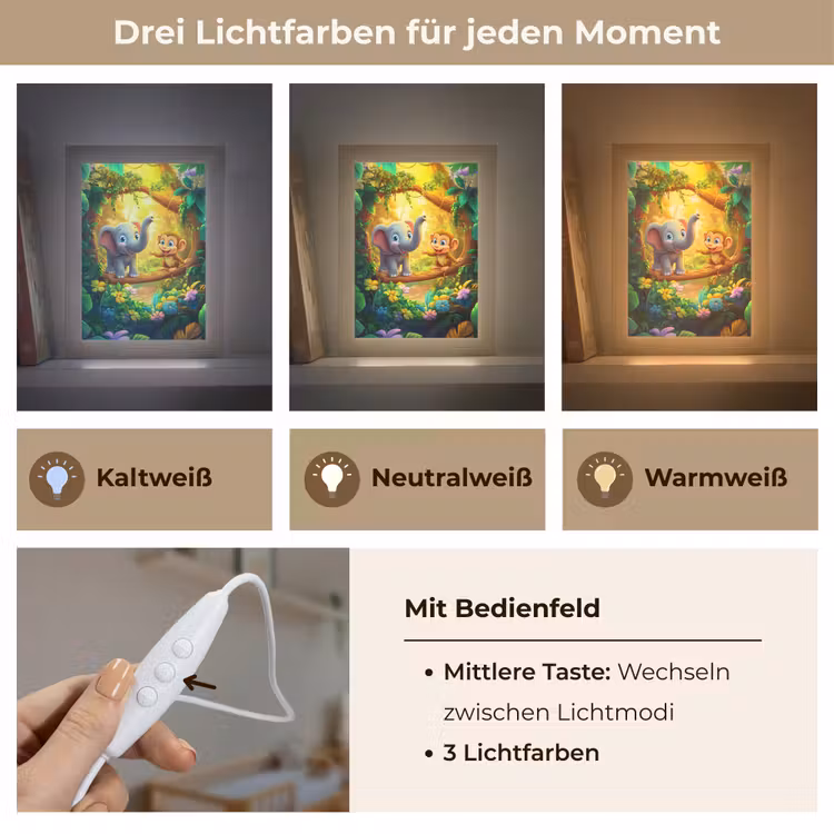 Olifant - Appje - Jungle - Kleurrijk Light Box met kabel klein -USP_lichtkleurDE