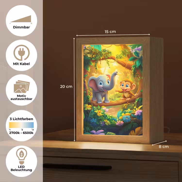 Olifant - Appje - Jungle - Kleurrijk Light Box met kabel (Kinderlampje) klein -USP_websiteoverzichtDE