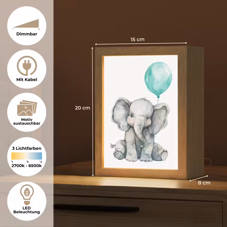 Olifant - Baby - Dieren - Blauwe ballon Light Box met kabel (Kinderlampje) klein -USP_websiteoverzichtDE