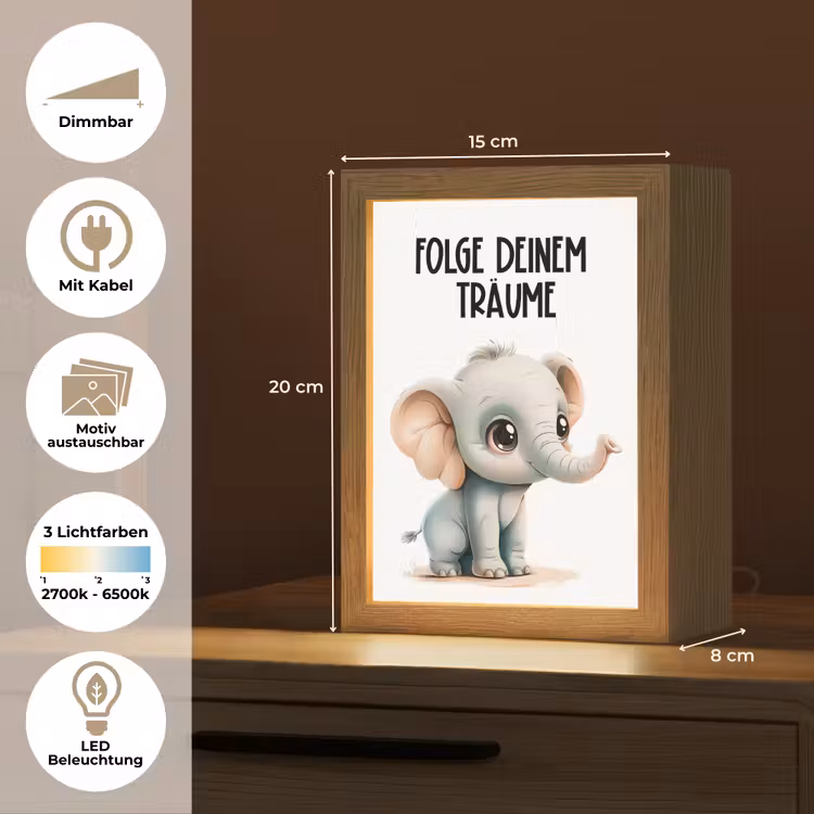 Olifant - Volg je dromen - Quote - Dier Light Box met kabel (Kinderlampje) klein -USP_websiteoverzichtDE
