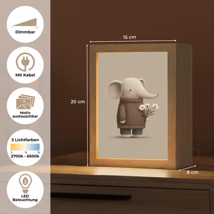 Olifant - Witte bloemen - Kindvriendelijk Light Box met kabel (Kinderlampje) klein -USP_websiteoverzichtDE
