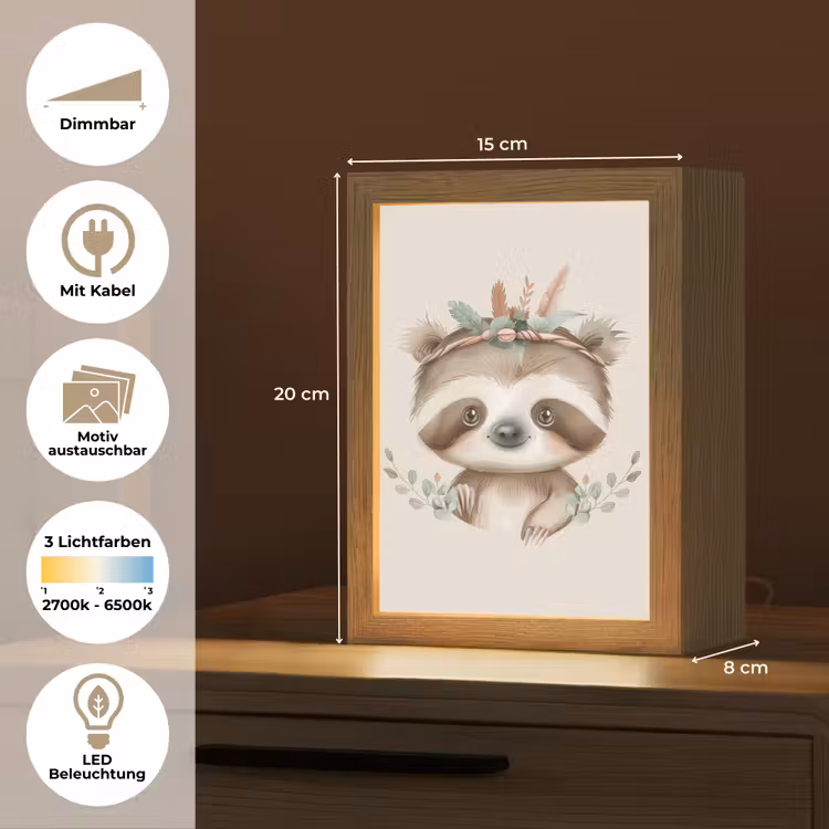 Luiaard - Dieren - Bohemian - Boho Light Box met kabel (Kinderlampje) klein -USP_websiteoverzichtDE