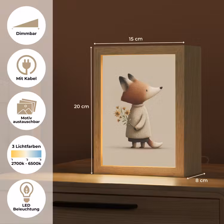 Vos - Gele bloemen - Minimalistisch Light Box met kabel (Kinderlampje) klein -USP_websiteoverzichtDE