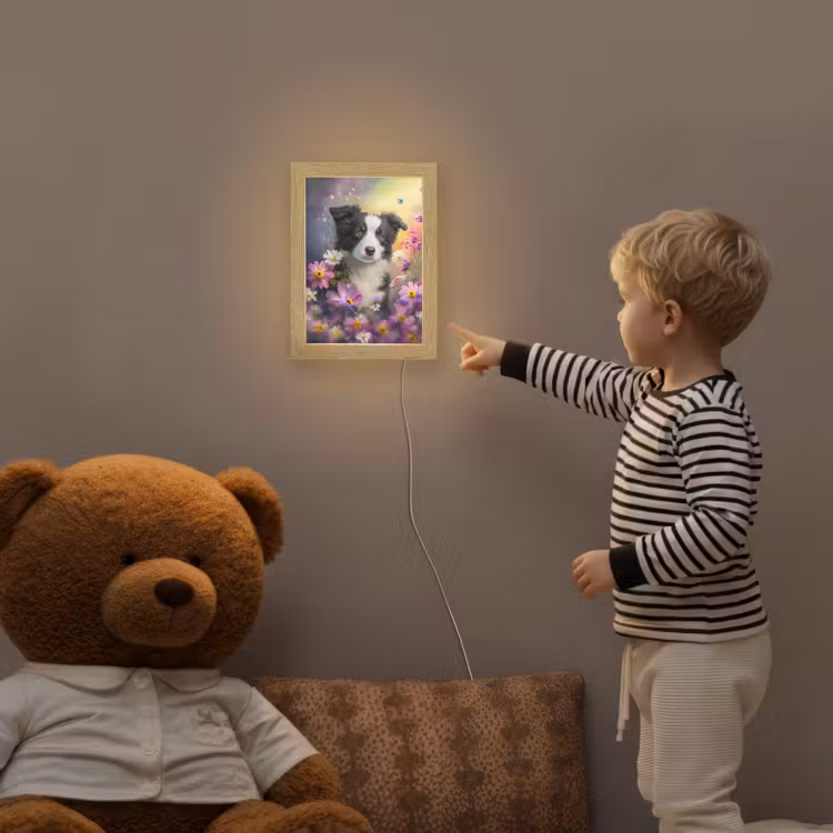 Hond - Bloemen - Natuur - Puppy - Bordercollie Light Box met kabel klein -sfeer4a_kind