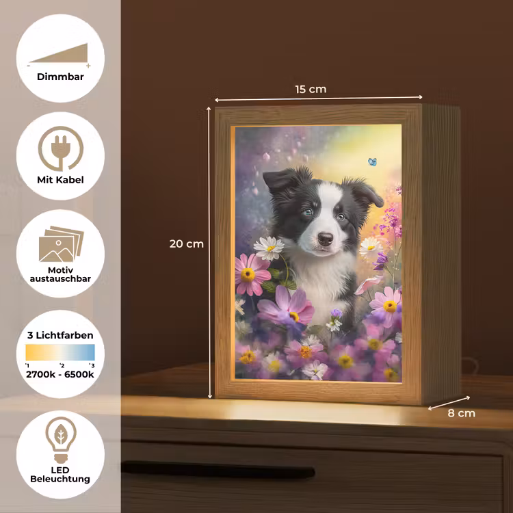 Hond - Bloemen - Natuur - Puppy - Bordercollie Light Box met kabel (Kinderlampje) klein -USP_websiteoverzichtDE