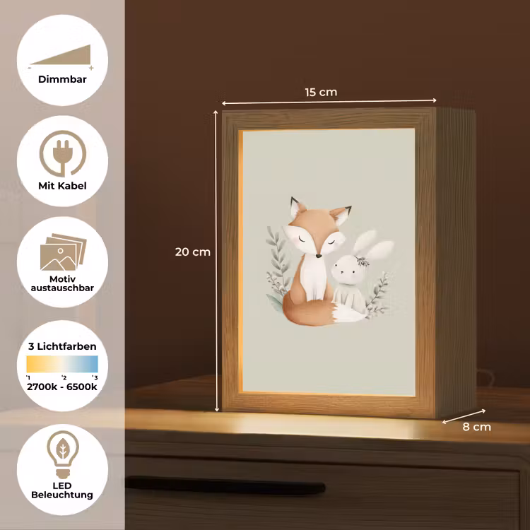 Illustratie - Vos - Konijn - Bladeren Light Box met kabel (Kinderlampje) klein -USP_websiteoverzichtDE