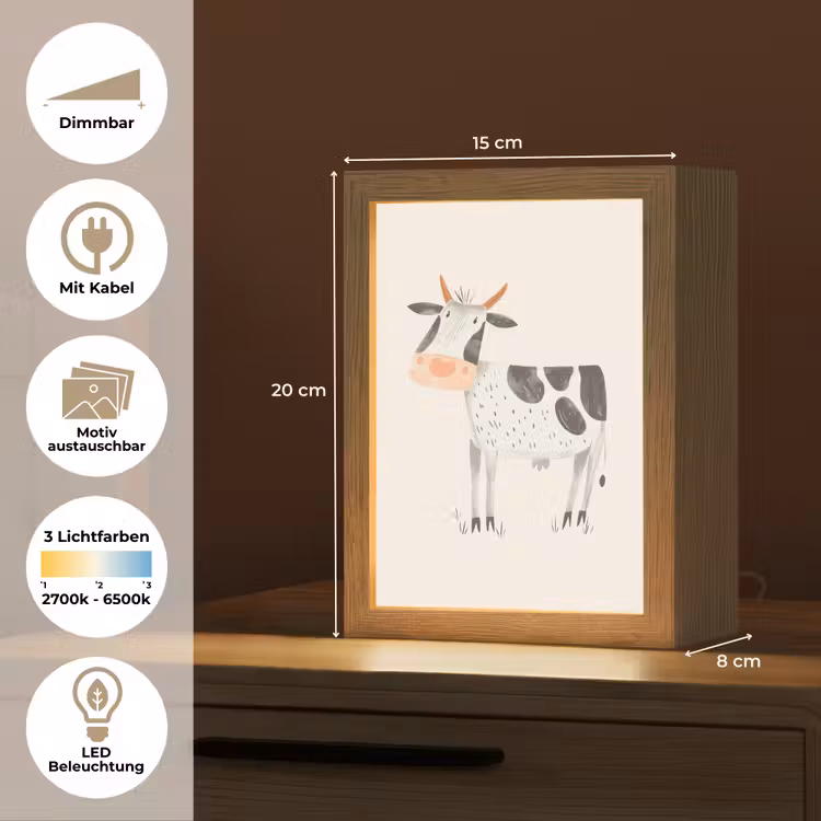 Koe - Boerderij dier - Dieren - Pastel kleuren Light Box met kabel (Kinderlampje) klein -USP_websiteoverzichtDE