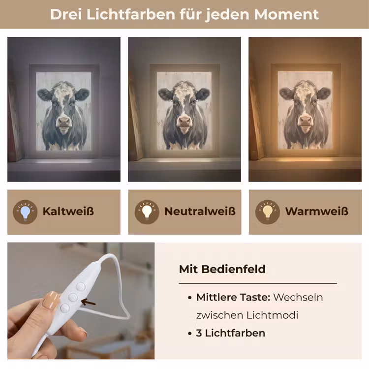 Koe - Portret - Dieren - Modern Light Box met kabel (Kinderlampje) klein -USP_lichtkleurDE