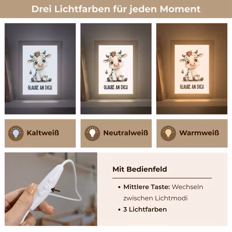 Koe - Wit - Dieren - Geloof in jezelf Light Box met kabel klein -USP_lichtkleurDE