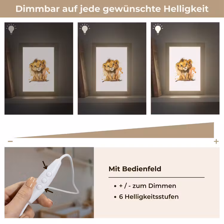 Leeuw - Waterverf - Bruin - Dieren - Meisjes - Jongens Light Box met kabel klein -USP_dimbaarDE