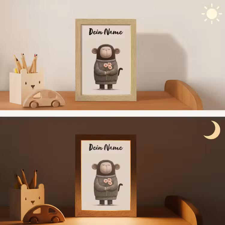 Aap - Roze bloemen - Speels Light Box met kabel (Kinderlampje) klein -sfeer3_kind